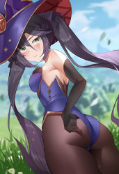 Rule 34 | 1girl, absurdres, ass, bare shoulders, black gloves, black hair, blue eyes, blurry, blurry background, breasts, brown pantyhose, cowboy shot, depth of field, elbow gloves, from behind, genshin impact, gloves, gold trim, hat, highres, kemile, leotard, long hair, looking at viewer, looking back, mona (genshin impact), outdoors, pantyhose, parted lips, purple hat, purple leotard, small breasts, solo, standing, strapless, strapless leotard, twintails, very long hair, witch hat