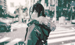 Rule 34 | 1girl, blurry, blurry background, blush, building, car, chainsaw man, champi, fur collar, greyscale, hair between eyes, highres, hood, hoodie, jacket, looking at viewer, monochrome, motor vehicle, muted color, palm tree, reze (chainsaw man), road, smile, snowing, solo, starbucks, street, tree