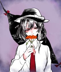 Rule 34 | 1girl, blush, bow, braid, closed eyes, closed mouth, collared shirt, commentary, crying, eyeball, eyelashes, flower, flower request, gap (touhou), greyscale with colored background, hair bow, hat, hat bow, highres, holding, holding flower, long sleeves, necktie, purple background, red bow, red flower, red necktie, sad smile, shirt, short hair, single braid, solo, spot color, streaming tears, suzune hapinesu, tears, touhou, upper body, usami renko