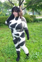 Rule 34 | 1girl, animal print, asian, blush, breasts, brown hair, cosplay, cow girl, cow print, fat, huge breasts, luu (cosplayer), photo (medium), solo, thick thighs, thighs, ushiharu