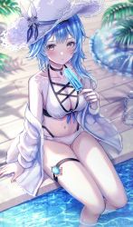 Rule 34 | 1girl, ai (sigatutoukaa), asymmetrical hair, bare shoulders, bikini, blue hair, blush, bottle, breasts, cleavage, collarbone, commentary request, cross-laced clothes, dappled sunlight, day, eula (genshin impact), food, front-tie top, genshin impact, hand up, hat, hat ribbon, highres, holding, holding food, innertube, medium breasts, navel, off shoulder, open clothes, open shirt, outdoors, popsicle, ribbon, see-through, see-through shirt, shirt, sidelocks, soaking feet, solo, stomach, summer, sun hat, sunlight, swim ring, swimsuit, thigh strap, thighs, twitter username, vision (genshin impact), wet, white bikini, white hat, white shirt, yellow eyes