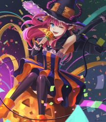 Rule 34 | 10s, 1girl, asymmetrical horns, blue eyes, claws, confetti, detached sleeves, dress, elizabeth bathory (fate), elizabeth bathory (fate/extra ccc), elizabeth bathory (fate/grand order), elizabeth bathory (halloween caster) (fate), fate/extra, fate/extra ccc, fate/grand order, fate (series), highres, horns, jack-o&#039;-lantern, kkkok  a, long hair, microphone, one eye closed, pink hair, pointy ears, pumpkin, smile, solo, striped clothes, striped dress, tail, thighhighs, twitter username, two side up, uneven horns, vertical-striped clothes, vertical-striped dress