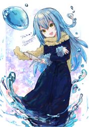 Rule 34 | 2others, androgynous, blue hair, dual persona, fur-trimmed sleeves, fur collar, fur trim, hair between eyes, long hair, long sleeves, looking at viewer, multiple others, open mouth, rimuru tempest, romayasu, scarf, signature, simple background, slime (creature), slime (substance), tensei shitara slime datta ken, very long hair, water, yellow eyes