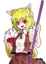 Rule 34 | 1girl, alphes (style), animal ears, artist request, belt, black belt, black neckwear, black ribbon, blonde hair, bowl, brown skirt, brown vest, collared shirt, commentary request, cookie (touhou), cowboy shot, fang, fox ears, fox girl, fox tail, highres, holding, holding bowl, holding staff, looking at viewer, medium hair, miramikaru riran, open mouth, parody, red eyes, ribbon, shaded face, shirt, shirt tucked in, simple background, skirt, solo, staff, style parody, tail, transparent background, vest, white shirt