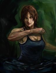 Rule 34 | 1girl, bad id, bad pixiv id, bare shoulders, breasts, brown hair, cleavage, eneshi, faux traditional media, highres, lara croft, large breasts, lips, messy hair, nose, solo, tank top, tomb raider, tomb raider (reboot)