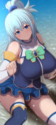 Rule 34 | 1girl, absurdres, aqua (konosuba), bare shoulders, blue eyes, blue footwear, blue hair, blue skirt, blush, boots, breasts, closed mouth, detached sleeves, highres, kono subarashii sekai ni shukufuku wo!, large breasts, long hair, looking at viewer, miniskirt, partially submerged, ponponmaru, sitting, skirt, smile, solo, thigh boots, thighhighs, water, wet, white thighhighs