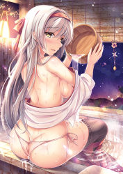 Rule 34 | 10s, 1girl, ass, back, basin, blush, breasts, bucket, butt crack, clothes pull, cum, cum in pussy, cum pool, cumdrip, from behind, kantai collection, long hair, looking at viewer, looking back, off shoulder, open mouth, panties, pouring, shoukaku (kancolle), sideboob, sitting, skirt, skirt pull, smile, solo, thighhighs, underwear, vashaps2, water, white hair, yellow eyes