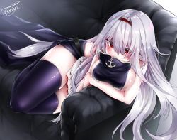 Rule 34 | 1girl, azur lane, bare shoulders, belt, blush, breasts, colorado (azur lane), couch, detached sleeves, dress, hair over one eye, hairband, large breasts, long hair, looking at viewer, lying, pelvic curtain, red eyes, sideboob, sidelocks, signature, skindentation, sleeveless, sleeveless dress, solo, thighhighs, touwa iyo, white hair