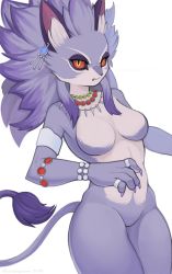 Rule 34 | 1girl, alternate form, animal ears, armlet, bracelet, breasts, cat ears, cat girl, cat tail, claws, colored sclera, crzysoybean, earrings, fangs, furry, highres, isabella (seiken densetsu 3), jewelry, necklace, no nipples, no pussy, purple fur, purple hair, red sclera, ring, scowl, seiken densetsu, seiken densetsu 3, slit pupils, tail