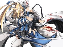 Rule 34 | 1boy, belt, blonde hair, blood, blood on clothes, blood on face, blue eyes, dong hole, english text, fighting stance, fingerless gloves, gloves, guilty gear, guilty gear xrd, heterochromia, highres, holding, holding weapon, ky kiske, long hair, male focus, ponytail, red eyes, simple background, sword, torn clothes, weapon, white background