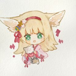 Rule 34 | 1girl, absurdres, animal, animal ear fluff, animal ears, arknights, blonde hair, chibi, chinese commentary, chinese knot, commentary request, cropped torso, fox, fox ears, fox girl, green eyes, highres, holding, holding animal, japanese clothes, kimono, long hair, long sleeves, official alternate costume, open mouth, painting (medium), pink kimono, solo, suzuran (arknights), suzuran (yukibare) (arknights), tassel, traditional media, watercolor (medium), wide sleeves, yan hui (lingyujun196)