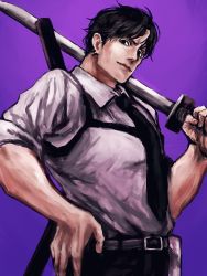 Rule 34 | 1boy, belt, black hair, black necktie, black pants, chainsaw man, collared shirt, formal, holding, holding sword, holding weapon, katana, kishibe (chainsaw man), kishibe (young) (chainsaw man), mon star200cc, necktie, pants, purple background, shirt, shirt tucked in, short hair, simple background, smile, solo, suit, sword, weapon, white shirt