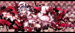 Rule 34 | 1girl, bat wings, blue hair, bow, chain, character name, checkered background, dress, hat, hat bow, highres, letterboxed, looking at viewer, mob cap, pink dress, pointy ears, puffy short sleeves, puffy sleeves, red eyes, remilia scarlet, short sleeves, solo, spear the gungnir, grid background, touhou, toutenkou, wings, wrist cuffs