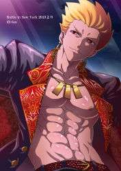 Rule 34 | 1boy, abs, belt, black jacket, blonde hair, closed mouth, cloud, earrings, fate/grand order, fate (series), gilgamesh (fate), jacket, jewelry, male focus, muscular, muscular male, necklace, nipples, official alternate costume, open clothes, open jacket, outdoors, red eyes, rion0507, short hair, sky, smile, solo, upper body