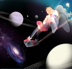 Rule 34 | 1girl, angel wings, black shirt, black thighhighs, blonde hair, blue sky, bow, clenched hands, closed eyes, closed mouth, cloud, collar, collared jacket, collared shirt, crescent print, floating hair, footwear bow, from behind, full body, galaxy, holding, holding string, hoshi-pan, jacket, long hair, long sleeves, miniskirt, moon, open clothes, open jacket, original, outstretched arms, painttool sai (medium), pink bow, pink collar, pink footwear, pink skirt, planet, planetary ring, shirt, shoes, skirt, sky, sneakers, space, sparkle, standing on swing, star (sky), string, swing, swinging, thighhighs, transparent wings, white jacket, white leg warmers, wings