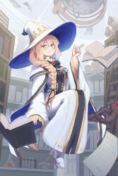Rule 34 | 1girl, absurdres, blonde hair, blue eyes, book, bookshelf, braid, commentary request, fate/grand order, fate (series), floating, floating book, floating object, glasses, hat, highres, long hair, lucky ckm, robe, scroll, side braid, smile, staff, staff riding, aesc (fate), aesc (rain witch) (fate), white robe, witch hat