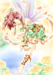 Rule 34 | 1girl, ankle lace-up, anklet, armlet, barefoot, bracelet, braid, cross-laced footwear, fairy, feet, flower, own hands clasped, jewelry, kusui aruta, original, own hands together, pointy ears, purple eyes, red hair, solo, thigh strap, twin braids, wings