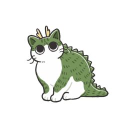 Rule 34 | animal, animal focus, cat, commentary, dragon, dragon tail, full body, fusion, green cat, horns, iguana taisa, no humans, original, sitting, solo, symbol-only commentary, tail, white background, white cat