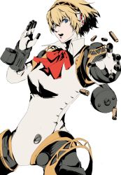 Rule 34 | 1girl, aegis (persona), android, blonde hair, blue eyes, bow, bowtie, breasts, bullet, commentary, english commentary, gun, hairband, handgun, highres, joints, lips, looking at viewer, medium breasts, persona, persona 3, pertex 777, robot, robot joints, short hair, simple background, solo, weapon, white background