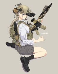Rule 34 | 1girl, absurdres, aqua nails, ar-15, assault rifle, black footwear, black socks, blonde hair, bulletproof vest, collared shirt, ear piercing, full body, grey background, grey shirt, gun, hashtag-only commentary, helmet, highres, holding, holding gun, holding weapon, long hair, looking at viewer, night vision device, original, parted lips, piercing, pleated skirt, purple eyes, rifle, scope, shirt, shoes, simple background, sitting, skirt, smile, sneakers, socks, solo, soutou nagi, twitter username, wariza, weapon, white shirt