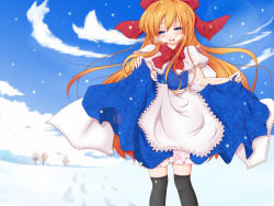 Rule 34 | 1girl, blonde hair, blue eyes, clothes lift, colorized, female focus, haruyonoto, highres, long hair, shanghai doll, skirt, skirt lift, snow, solo, tears, thighhighs, touhou