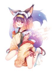 Rule 34 | 1girl, :3, :d, absurdres, amatsuji, animal ear fluff, animal ears, apron, blush, chibi, chibi inset, collarbone, commentary request, commission, eyelashes, eyes visible through hair, floral print, fox ears, fox girl, fox tail, frilled apron, frills, full body, glowing, glowing eyes, gradient hair, hair between eyes, hair intakes, hairband, hand up, hatsuse izuna, highres, holding, holding tray, japanese clothes, kimono, legs, looking at viewer, maid, maid apron, maid headdress, medium hair, multicolored hair, no game no life, open mouth, orange hair, purple eyes, purple hair, red ribbon, ribbon, sandals, shiny skin, signature, simple background, sitting, skeb commission, sleeves past fingers, sleeves past wrists, slit pupils, smile, tabi, tail, tray, upturned eyes, wa maid, wariza, white apron, white background, wide sleeves, yellow hairband, yellow kimono, zouri