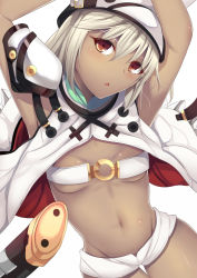 Rule 34 | 1girl, arc system works, arms up, belt, belt bra, breasts, cleavage, coat, covered erect nipples, creature, dark-skinned female, dark skin, female focus, grin, guilty gear, guilty gear xrd, hat, hip focus, navel, open mouth, ramlethal valentine, red eyes, short shorts, shorts, small breasts, smile, solo, teeth
