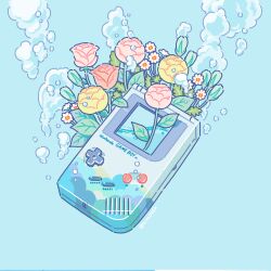 Rule 34 | air bubble, aqua background, artist name, bubble, commentary request, flower, game boy, game boy (original), handheld game console, highres, hiro046k, leaf, nintendo, no humans, pink flower, pink rose, plant, rose, simple background, still life, twitter username, white flower, yellow flower