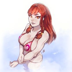 Rule 34 | 1girl, alternate costume, alternate hairstyle, aurahack, bikini, braid, breasts, capcom, chun-li, cleavage, collarbone, female focus, from above, hair down, hair tubes, highres, large breasts, looking at viewer, parted lips, partially submerged, red eyes, red hair, shiny skin, signature, smile, solo, street fighter, swimsuit, twin braids, water