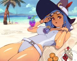 Rule 34 | 1girl, beach, bikini, blue hair, broom, cake, cameltoe, covered erect nipples, floating, floating object, food, glasses, hat, little witch academia, long hair, looking at viewer, open mouth, optionaltypo, palm tree, red eyes, removing eyewear, shiny skin, signature, solo, swimsuit, tree, ursula callistis, witch hat