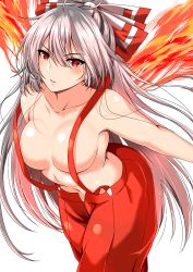 Rule 34 | 1girl, absurdres, ar (lover boy), bare arms, bare shoulders, bow, breasts, collarbone, fujiwara no mokou, hair between eyes, hair bow, highres, large breasts, long hair, looking at viewer, naked overalls, no panties, overalls, pants, red eyes, red pants, silver hair, simple background, solo, suspenders, topless, touhou, very long hair, white background, white bow