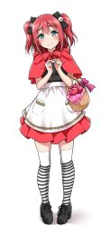 Rule 34 | 1girl, apple, apron, basket, black bow, black footwear, blush, bow, bowtie, capelet, commentary request, cosplay, eyeball hair ornament, fingers together, food, fruit, full body, furihata ai, green eyes, hair bow, highres, index fingers together, kurosawa ruby, little red riding hood, little red riding hood (grimm), little red riding hood (grimm) (cosplay), love live!, love live! school idol festival, love live! sunshine!!, pigeon-toed, red bow, red bowtie, red capelet, red hair, red skirt, shoes, simple background, skirt, smile, solo, standing, striped clothes, striped thighhighs, thighhighs, two side up, voice actor connection, waist apron, white background, yopparai oni