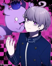 Rule 34 | 1boy, ahoge, blue jacket, blush, closed mouth, commentary request, crown, ghost, highres, horns, jacket, kyabenotaro, long sleeves, looking at viewer, male focus, master detective archives: rain code, open mouth, purple eyes, purple hair, shinigami (ghost) (rain code), shinigami (rain code), short hair, smile, twitter username, upper body, yuma kokohead