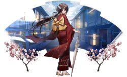 Rule 34 | 1girl, absurdres, artist request, ass, azur lane, black bow, bow, brown hair, cherry blossoms, closed umbrella, from behind, highres, holding, holding umbrella, horns, japanese clothes, kimono, lantern, long hair, long sleeves, mikasa (azur lane), mikasa (beauty in indigo) (azur lane), non-web source, official alternate costume, official art, red kimono, solo, transparent background, umbrella, very long hair, white horns, white umbrella, wide sleeves, yukata