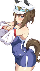 Rule 34 | 1girl, absurdres, animal ears, ass, bare shoulders, blue eyes, blue one-piece swimsuit, blush, breasts, brown hair, cheval grand (umamusume), closed mouth, clothing cutout, commentary request, competition school swimsuit, competition swimsuit, cowboy shot, ear covers, hair between eyes, hat, highres, horse ears, horse girl, horse tail, medium breasts, medium hair, multicolored hair, one-piece swimsuit, peaked cap, pirukusu, school swimsuit, shirt, simple background, solo, streaked hair, sweatdrop, swimsuit, tail, tail through clothes, tracen swimsuit, umamusume, undressing, white background, white hair, white hat, white shirt