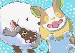 Rule 34 | :d, ^ ^, animal focus, blue background, closed eyes, commentary request, creatures (company), closed eyes, fangs, game freak, gen 8 pokemon, nintendo, no humans, open mouth, orange (orangelv20), pokemon, pokemon (creature), smile, tongue, tongue out, wooloo, yamper