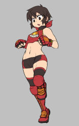 Rule 34 | 1girl, boots, breasts, brown eyes, brown hair, cross-laced footwear, fingerless gloves, gloves, grey background, knee boots, knee pads, lace-up boots, lowleg, lowleg shorts, midriff, navel, papa (shimeguru), ring dream, short hair, short shorts, shorts, small breasts, solo, tanaka eriko, thighhighs, toned, wrestling outfit