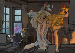 Rule 34 | &gt; &lt;, 2girls, alice margatroid, all fours, apron, babydoll, backlighting, bare legs, blonde hair, blue dress, blue eyes, blush, blush stickers, bon (rump), book, book stack, bottomless, bow, braid, brushing hair, camisole, capelet, closed eyes, unworn clothes, cup, curtains, doll, dress, dripping, flower, flying, frills, glass, hair bow, hair brush, hairband, holding, holding hair, hydrangea, indoors, kirisame marisa, kiss, kissing back, laundry, lingerie, long hair, looking at another, looking back, mug, multiple girls, no panties, on bed, pulling, rain, red bow, shanghai doll, short hair, sitting, sleeveless, sleeveless dress, strap slip, surprised, touhou, towel, towel on head, underwear, waist apron, water, wet, wet hair, white apron, window, wooden wall, yuri