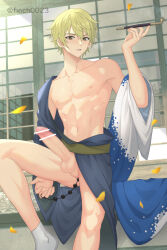 Rule 34 | 1boy, abs, anal, anal beads, anal object insertion, bar censor, blonde hair, censored, durarara!!, erection, finch (blanc1771), heiwajima shizuo, japanese clothes, kimono, large penis, light smile, looking at viewer, masturbation, medium hair, mosaic censoring, muscular, muscular male, naked kimono, object insertion, paid reward available, penis, sex toy, smoking, smoking pipe, socks, solo, testicles, toned, toned male, yaoi