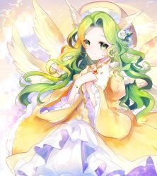 Rule 34 | 1girl, angel wings, aya (aya op10s), blonde hair, blush, closed mouth, colored eyelashes, commentary request, dress, elona, feathered wings, flower, gem, gold trim, green eyes, green hair, hair flower, hair ornament, hands up, hat, head wings, highres, juliet sleeves, jure of healing, long hair, long sleeves, multicolored hair, multiple wings, own hands together, puffy sleeves, red gemstone, rose, smile, solo, two-tone hair, very long hair, wavy hair, white flower, white rose, white wings, wide sleeves, wings, yellow dress, yellow hat, yellow wings