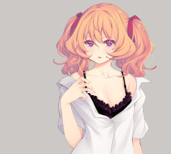 Rule 34 | 1girl, akino sora, black bra, blush, bow, bra, brown hair, collarbone, commentary, dress shirt, frilled bra, frills, grey background, hair between eyes, hair bow, highres, long hair, mole, mole under mouth, off shoulder, original, parted lips, pink eyes, red bow, shirt, short sleeves, sidelocks, simple background, solo, twintails, underwear, white shirt