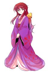 Rule 34 | 1girl, alphes (style), bow, closed mouth, coat, dairi, facing away, floral print, full body, hair between eyes, hair bow, highres, japanese clothes, kimono, kotohime (touhou), long hair, long sleeves, looking away, looking to the side, low-tied long hair, obi, open clothes, open coat, own hands together, parody, purple coat, red eyes, red hair, sash, smile, solo, standing, style parody, touhou, touhou (pc-98), transparent background, v arms, white kimono, wide sleeves, yellow bow