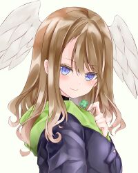 Rule 34 | 1girl, black jacket, blue eyes, blush, brown hair, closed mouth, clover, eunie (xenoblade), feathered wings, four-leaf clover, from side, green background, grey wings, hair between eyes, hand up, head wings, highres, holding, hood, hood down, hooded jacket, jacket, long hair, looking at viewer, looking to the side, nanase nao, open clothes, open jacket, simple background, smile, solo, wings, xenoblade chronicles (series), xenoblade chronicles 3