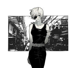 Rule 34 | 1girl, belt, black pants, black tank top, blank eyes, chainsaw man, champi, cigarette, expressionless, eyepatch, highres, holding, holding cigarette, long hair, looking at viewer, pants, ponytail, quanxi (chainsaw man), road, simple background, smoke, solo, street, tank top, white background, white hair
