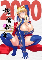 Rule 34 | 1girl, 2020, artoria pendragon (fate), artoria pendragon (lancer) (fate), blue gloves, blue leotard, blue thighhighs, breasts, cape, cleavage cutout, clothing cutout, crown, elbow gloves, fate/grand order, fate (series), fur-trimmed cape, fur trim, gloves, hair between eyes, heattech leotard, highres, large breasts, leotard, oniku (kusomushi onick), pussy juice, red cape, sidelocks, solo, spread legs, squatting, swept bangs, thighhighs, turtleneck