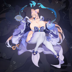 Rule 34 | 1girl, absurdres, alternate breast size, bare shoulders, beach, blonde hair, blue hair, blue horns, bow, breasts, choker, cleavage, closed mouth, curvy, genshin impact, gradient hair, highres, horns, huge breasts, hydrokinesis, long hair, looking at viewer, multicolored hair, pot, purple eyes, sangonomiya kokomi, seashell, shell, short shorts, shorts, sitting, solo, thick thighs, thighhighs, thighs, tundromaiden, very long hair, vision (genshin impact), water, white shorts, white thighhighs, wide hips