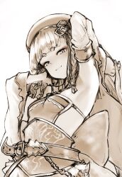 Rule 34 | 1girl, armlet, backless dress, backless outfit, bare shoulders, belt, beret, blunt bangs, blush, braid, breasts, detached sleeves, dress, erune, eyeliner, granblue fantasy, greyscale, hat, highres, long hair, looking at viewer, makeup, monochrome, nosuku, pholia, short eyebrows, side braids, small breasts, solo, very long hair, wide sleeves