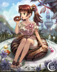 Rule 34 | 1girl, appli hime, artist name, brown hair, castle, cloud, company name, copyright name, dawkinsia, day, dessert, doughnut, eating, feet, flower, food, food-themed ornament, full body, green eyes, in food, long hair, mini person, minigirl, no socks, official art, open mouth, original, outdoors, oversized object, plate, sandals, sitting, skirt, sky, solo, twintails