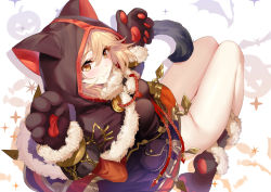 Rule 34 | 1girl, aki663, animal hands, animal hood, bat (animal), black dress, black footwear, black gloves, blonde hair, blush, bottomless, breasts, brown eyes, candy, capelet, closed mouth, commentary request, djeeta (granblue fantasy), dress, food, from behind, fur-trimmed capelet, fur collar, fur trim, gloves, granblue fantasy, groin, hair between eyes, hood, hood up, hooded capelet, long sleeves, looking at viewer, looking back, medium breasts, no panties, paw gloves, paw shoes, pouch, pumpkin, shoes, short hair, smile, solo, sparkle, tail, thighs, upskirt