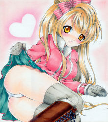 Rule 34 | 10s, 1girl, ass, blush, boots, bow, brown eyes, brown footwear, brown hair, clothes lift, coat, cross-laced footwear, fur trim, grey thighhighs, hair bow, heart, lace-up boots, long hair, love live!, love live! school idol festival, love live! school idol project, marker (medium), millipen (medium), minami kotori, mittens, panties, pastel (medium), ren (endscape20), skirt, skirt lift, smile, solo, striped clothes, striped thighhighs, thighhighs, traditional media, underwear, vertical-striped clothes, vertical-striped thighhighs, white panties